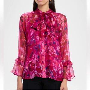 Johnny Was Emerie Tie-Neck Silk Chiffon Blouse